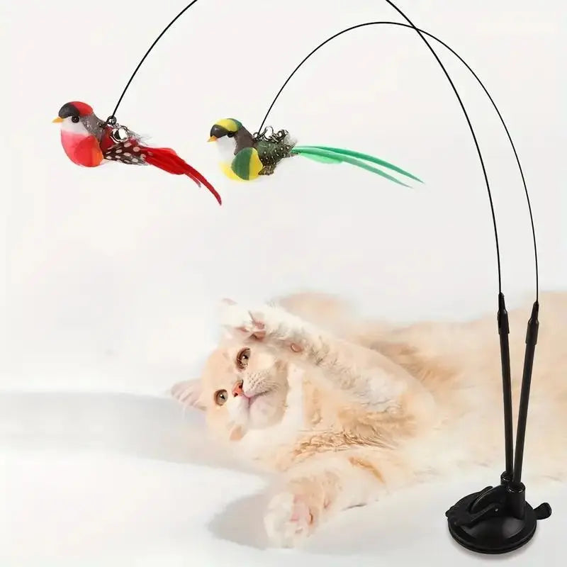 Bird-Shaped Cat Teaser Toy Set, Simulated Bird Wand with Suction Cup and Bell, Interactive Cat Toy for Home, Kitten Teasing Wand