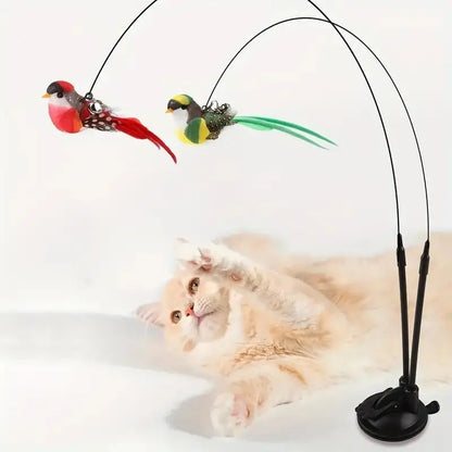 Bird-Shaped Cat Teaser Toy Set, Simulated Bird Wand with Suction Cup and Bell, Interactive Cat Toy for Home, Kitten Teasing Wand