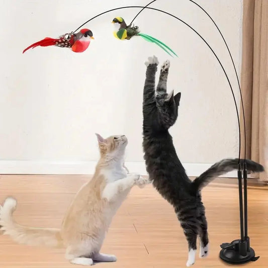 Bird-Shaped Cat Teaser Toy Set, Simulated Bird Wand with Suction Cup and Bell, Interactive Cat Toy for Home, Kitten Teasing Wand