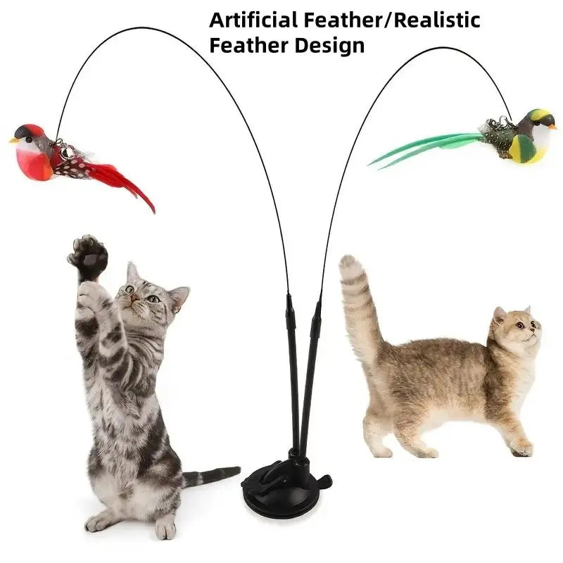 Bird-Shaped Cat Teaser Toy Set, Simulated Bird Wand with Suction Cup and Bell, Interactive Cat Toy for Home, Kitten Teasing Wand